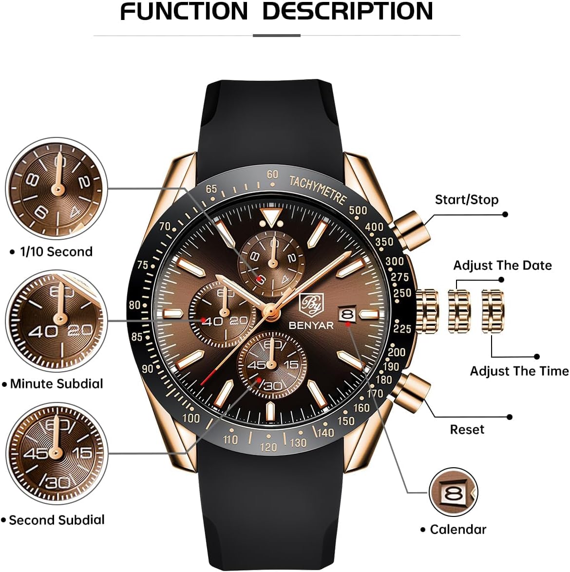 BY BENYAR Watch for Men Analog Quartz Chronograph Waterproof Luminous Designer Mens Wrist Watches Business Work Sport Casual Dress Watch with Silicone Strap Elegant Gifts for Men - Image 7
