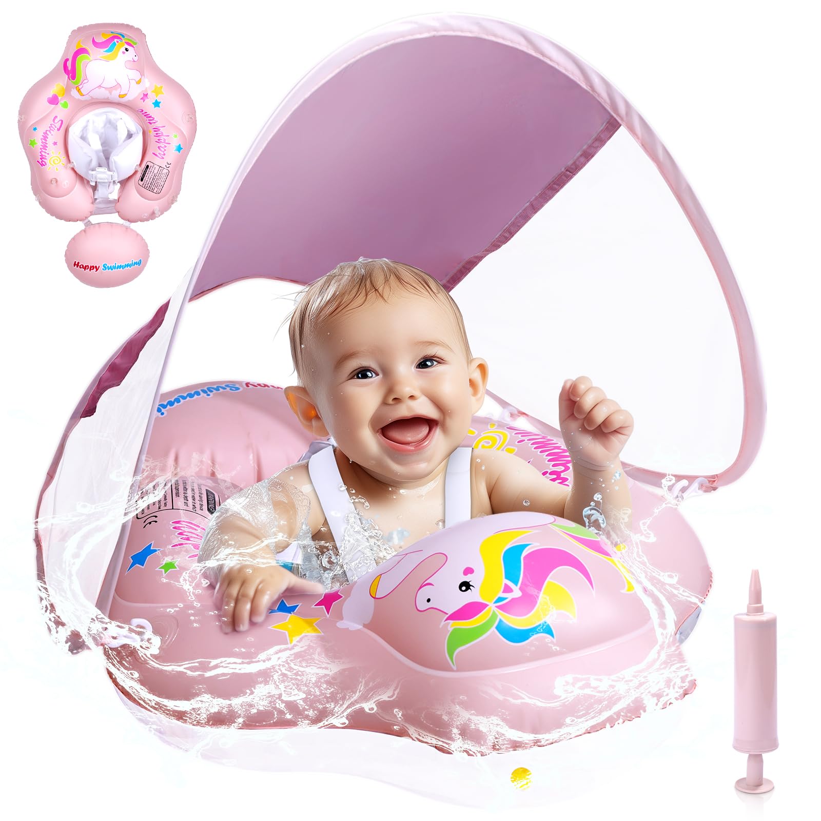 Salvagente Neonato con Parasole, Piscina Neonato 6-36 Mesi Salvagente con Mutandina Rimovibile Caratteristiche Antiribaltamento Baby Pool Float UPF50+ Protezione UV