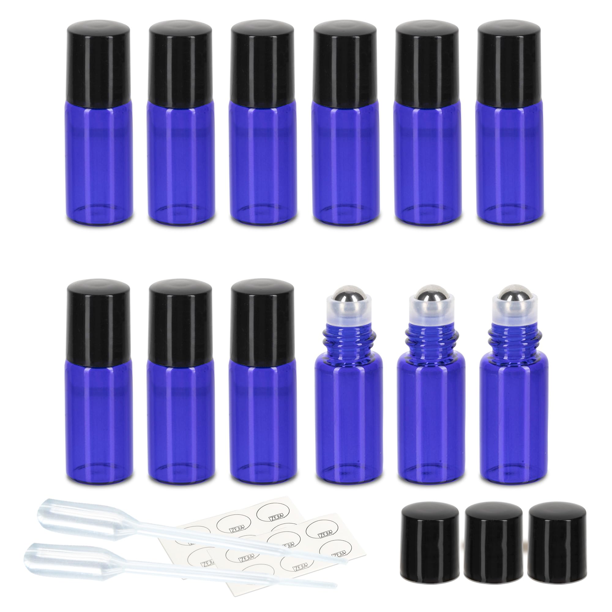 3Ml Essential Oil Cobalt Blue Roller Bottles Stainless Steel 12 Pcs Glass Perfume Sample Vials with Metal Roller Ball - 2PCS 0.5ml Droppers included