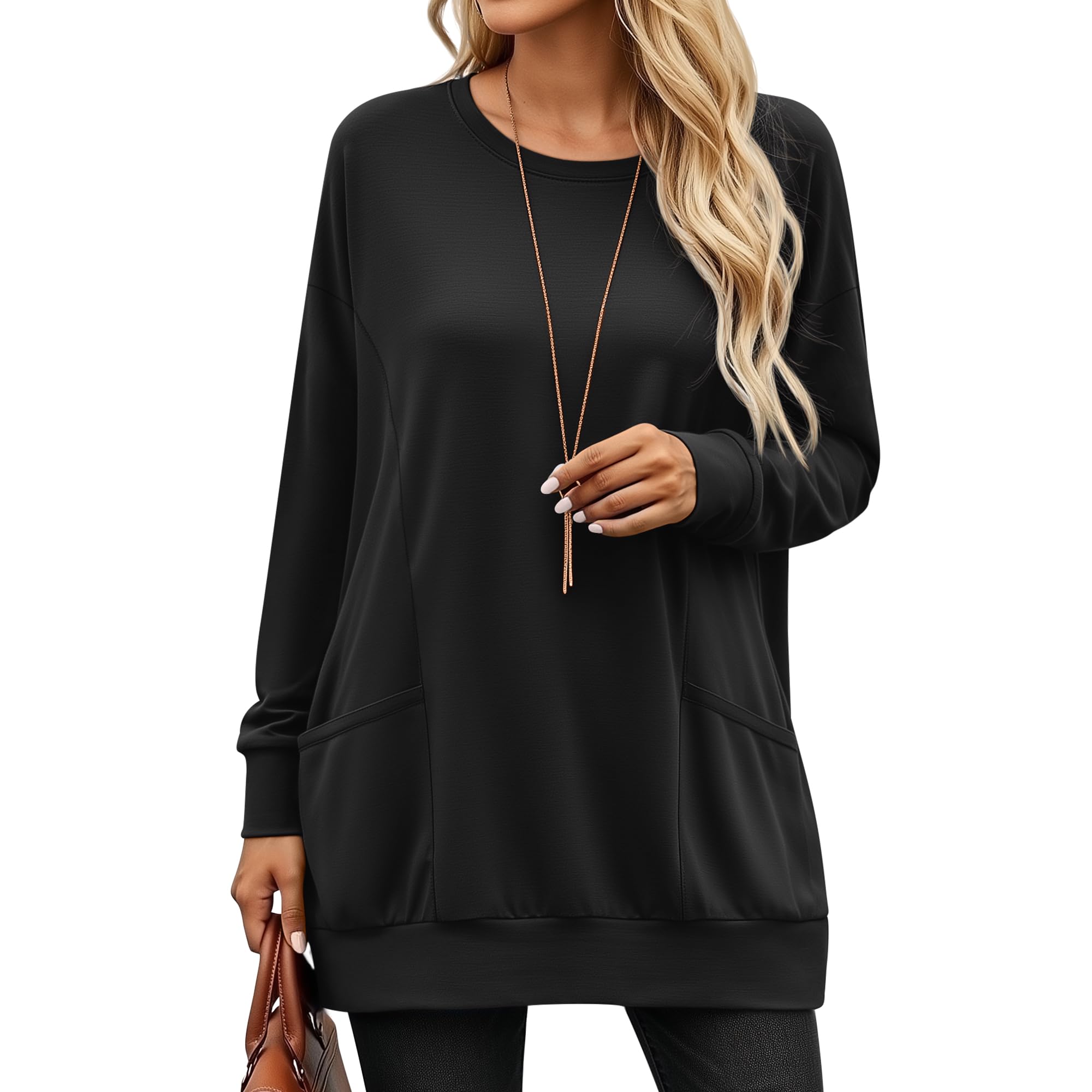 Women’s Long Sleeve Tunic Tops, Casual Cotton Oversized Crew Neck Sweatshirt Loose T Shirts with Pockets