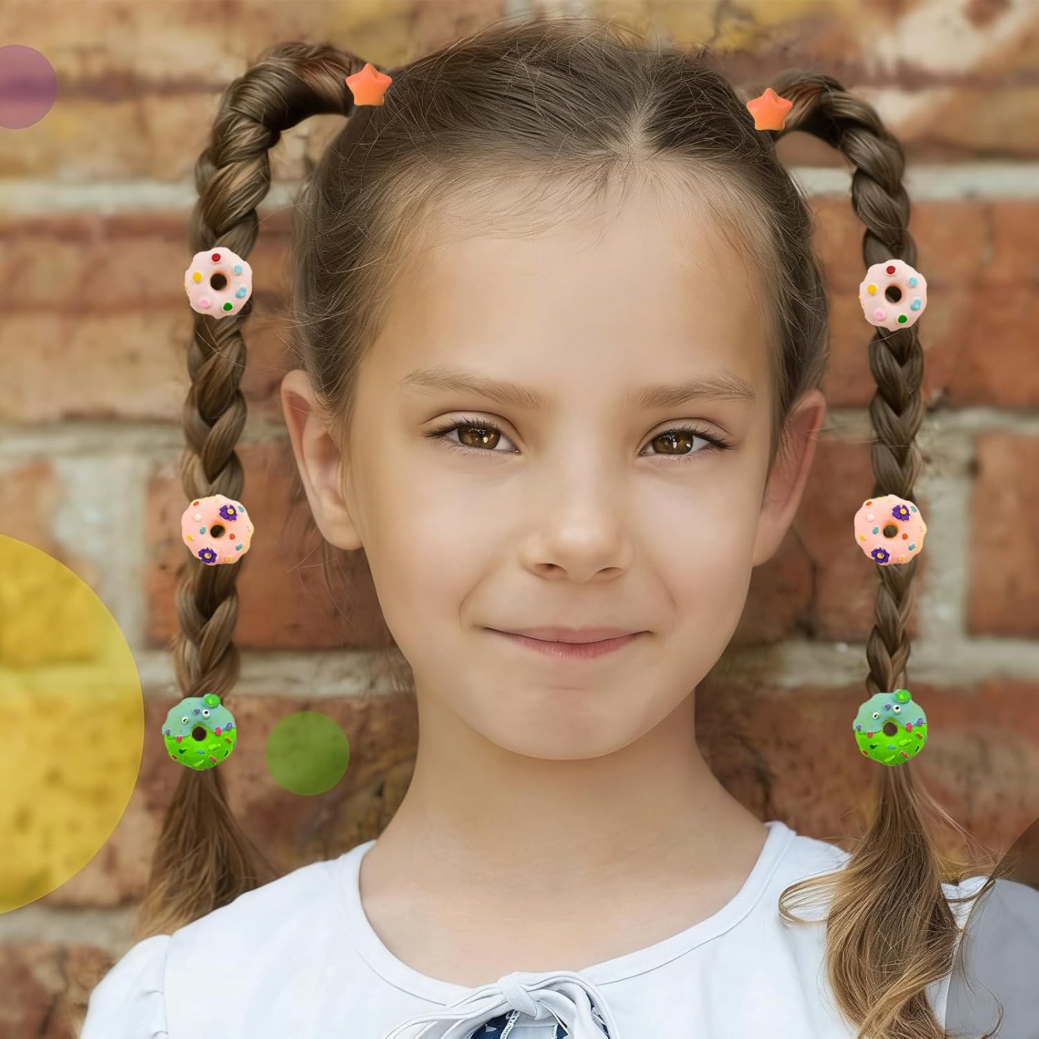 30Pcs Cute Hair Ties for Girls, Sweet Hair Elastics, Toddler Elastic Ponytail Holders with Star, Bead & Donut Charms, No Damage Kids Hair Bands, Colorful Kawaii Hair Accessories for Baby Girls