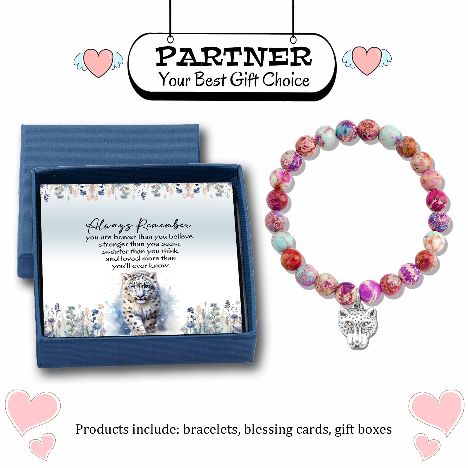 PARTNER Snow Leopard Inspirational Christmas Birthday Gifts for Women Unique Natural Stone Beaded Bracelets for Women Meaningful Animal Jewelry for Snow Leopard Lovers: Emperor Stone
