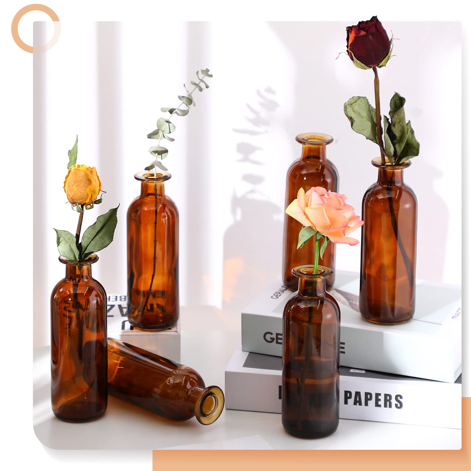 Jarrón de vidrio ámbar para decoración de mesa de boda, tarros de boticario, jarrón decorativo antiguo de clase alta para centros de mesa, ramos de mesa, hogar, boda, novia, 6.3 x 2.2 pulgadas 4