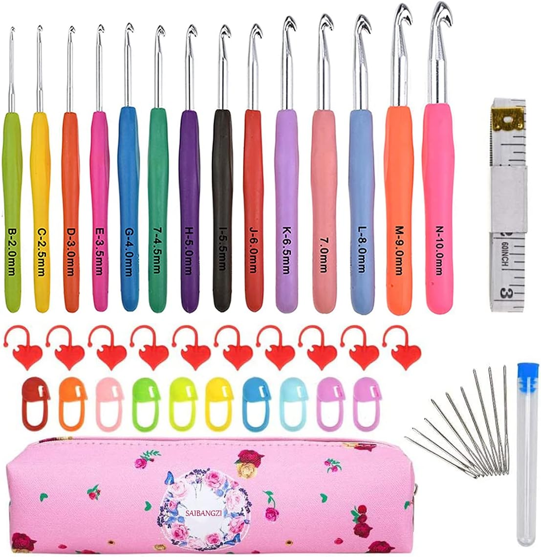 SAIBANGZI 37 Pack Crochet Hooks Set with Case 14 Pcs Full Size Ergonomic Soft Grip Handles Crochet Kit for Beginners Adults for Arthritic Hands (B)