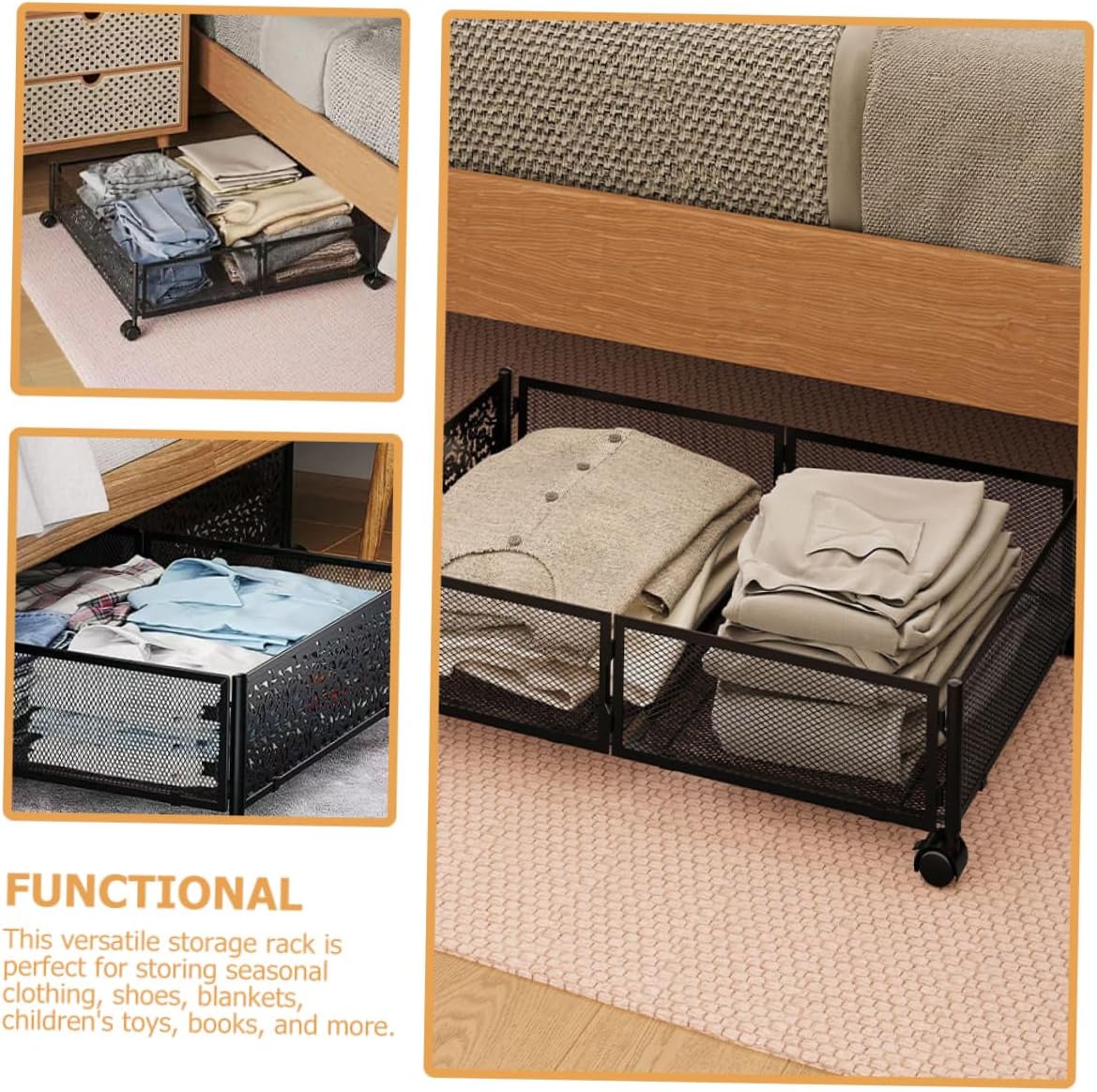 under Bed Organizer Wheels Stainless Steel Storage Rack for Space Saving Mesh Design for Clothes and Bedding Easy to Move and Store