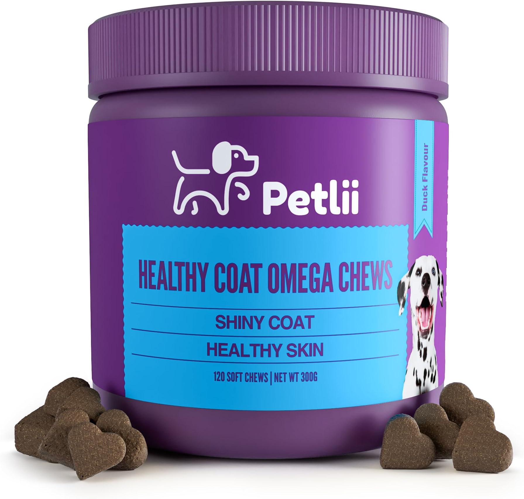 HEALTHY COAT OMEGA CHEWS - 120 Duck flavour Chews for Skin and Coat health. Omega 3, 6, 9, Biotin, Zinc, Fish Oils and Vitamins to relieve itching, allergies, dryness, patchiness and shedding