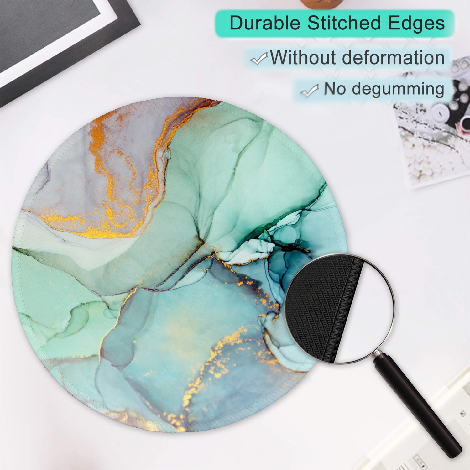ITNRSIIET Round Mouse Pad with Stitched Edge Premium-Textured Waterproof Non-Slip Rubber Base Desktop Protection Mat Diameter 8.7 inches, Modern Marbling - 4