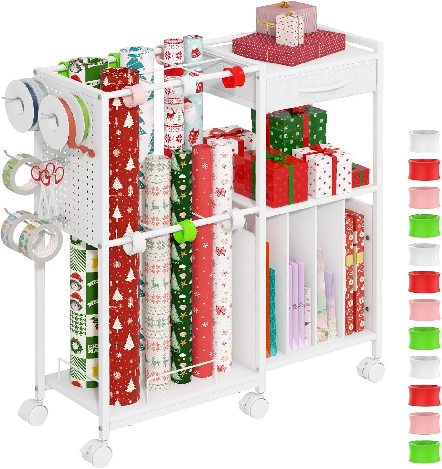 Kikihouse Wrapping Paper Storage Cart with 12PCS Slap Bands, Rolling Gift Wrapping Station for Gift Bags and Ribbons, Gift Wrap Organizer with Drawer and Hooks(White)