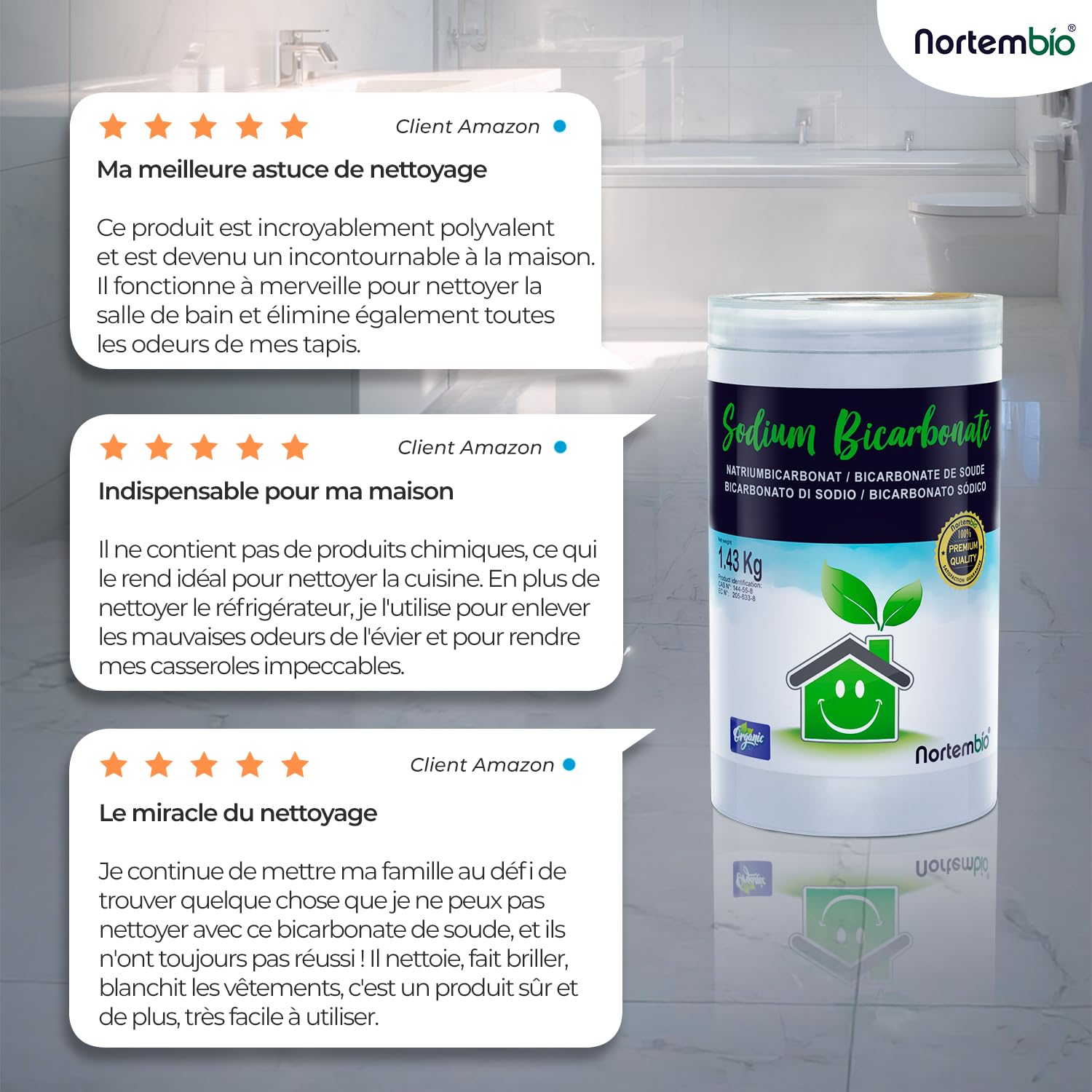 Nortembio Bicarbonate de Soude 4 x 6 Kg 100% Naturel pour Nettoyage Multi-usage. Sans Aluminium. Élimine Odeurs et Saleté. Cuisine, Salle de Bain, Textiles. E-Book Inclus