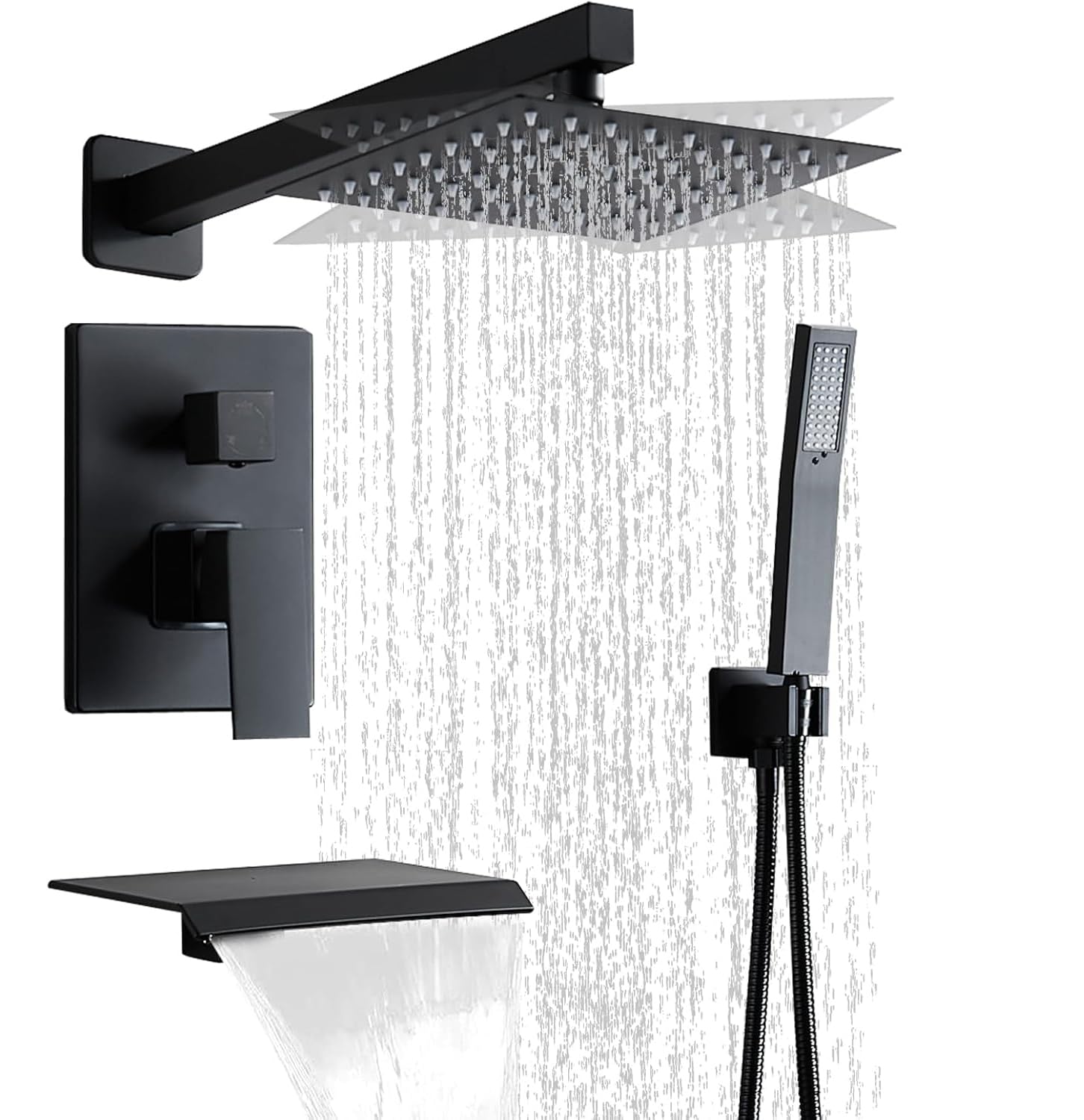 Matte Black Faucet Set Shower Head with Tub Spout and Handle System Square Wall Mount for Bathroom