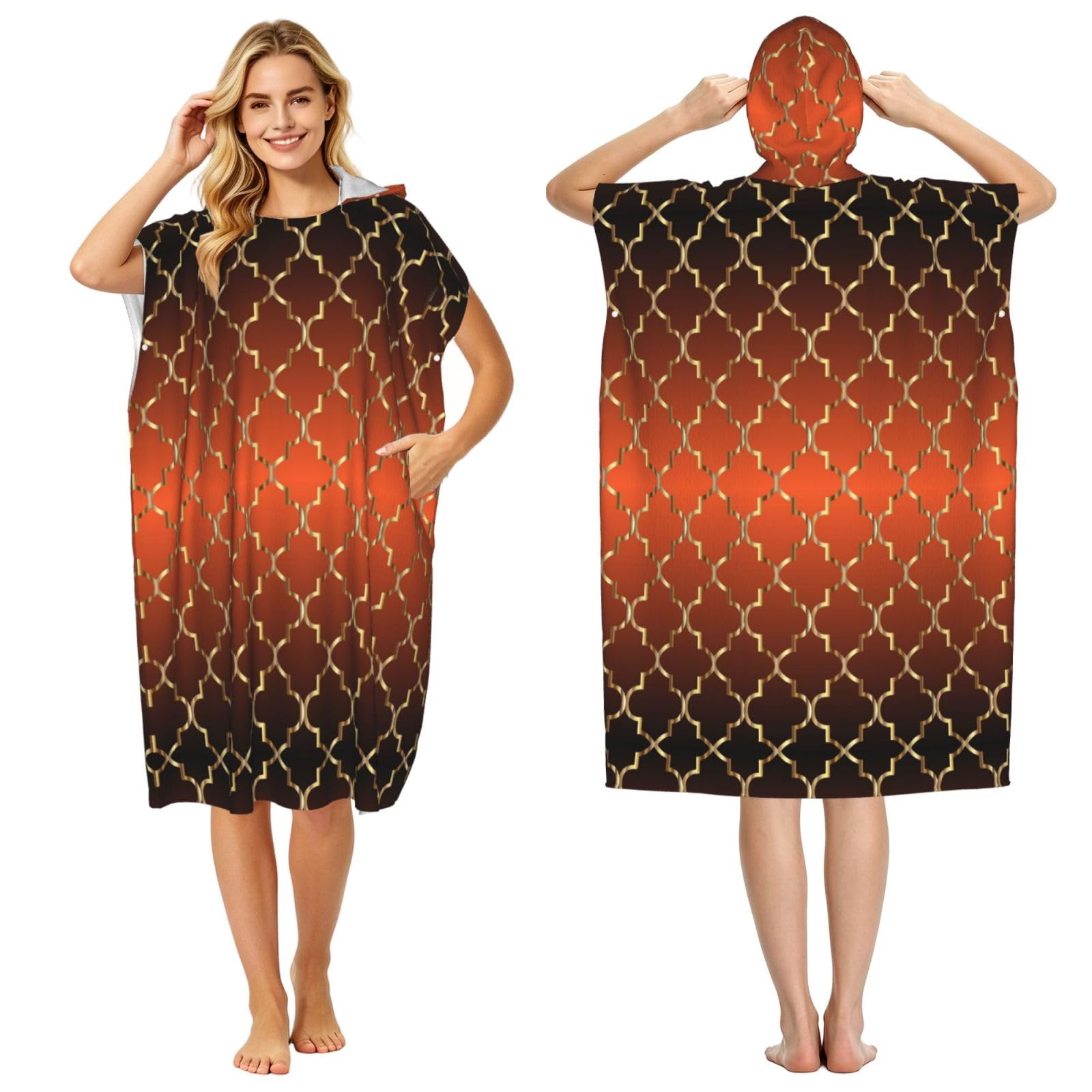Poadnly Gold Quatrefoil On Burnt Orange, Adult Hooded Beach Towel 90 x 110 cm,Changing Bath Robe, Surf Poncho Towel For Women Men