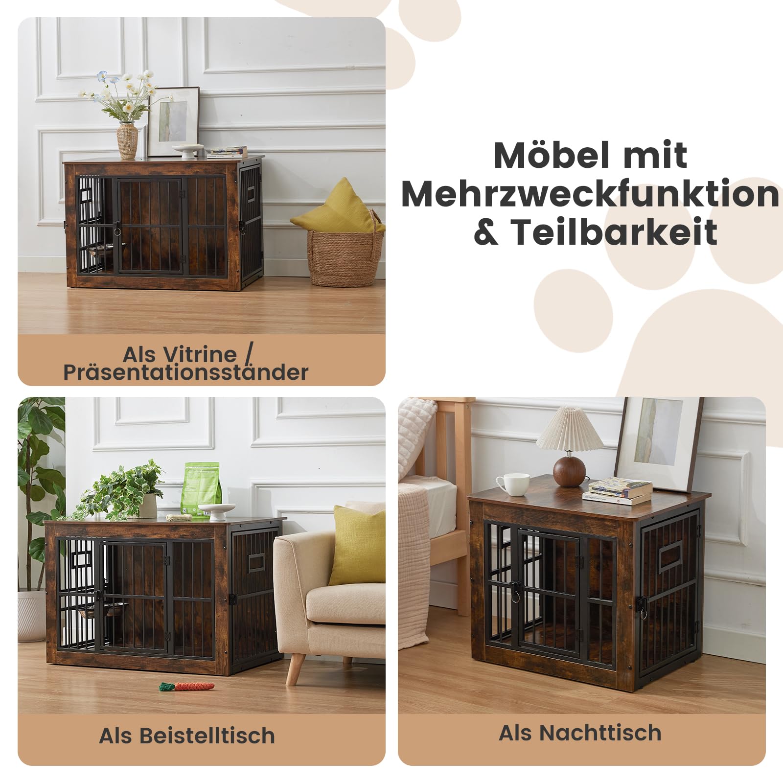 Gardner Pet Hundekäfig Möbel, Hundebox für Zuhause, 99x65x69 cm, Braun | Hundebox für Zuhause, Moderne Hundehütte Indoor, 3 Türen, Verstellbare Näpfe, Metall und Holz, Für mittlere Hunde