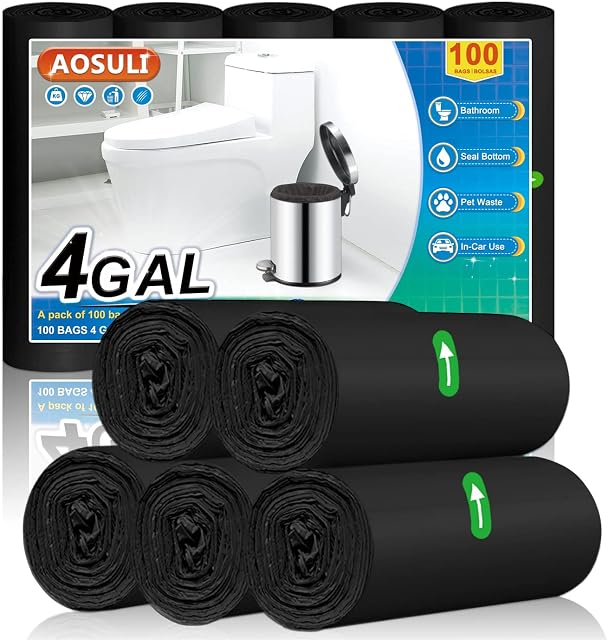 AOSULI 15Liter Bin Bags 100 Counts Trash/Garbage Bags Black Small Pedal Bin Liners for Home Office, Lawn,Bathroom,Toilet Wastebasket (Fits 0.8,1.5,1.2 3 4Gal Gallon Bins)