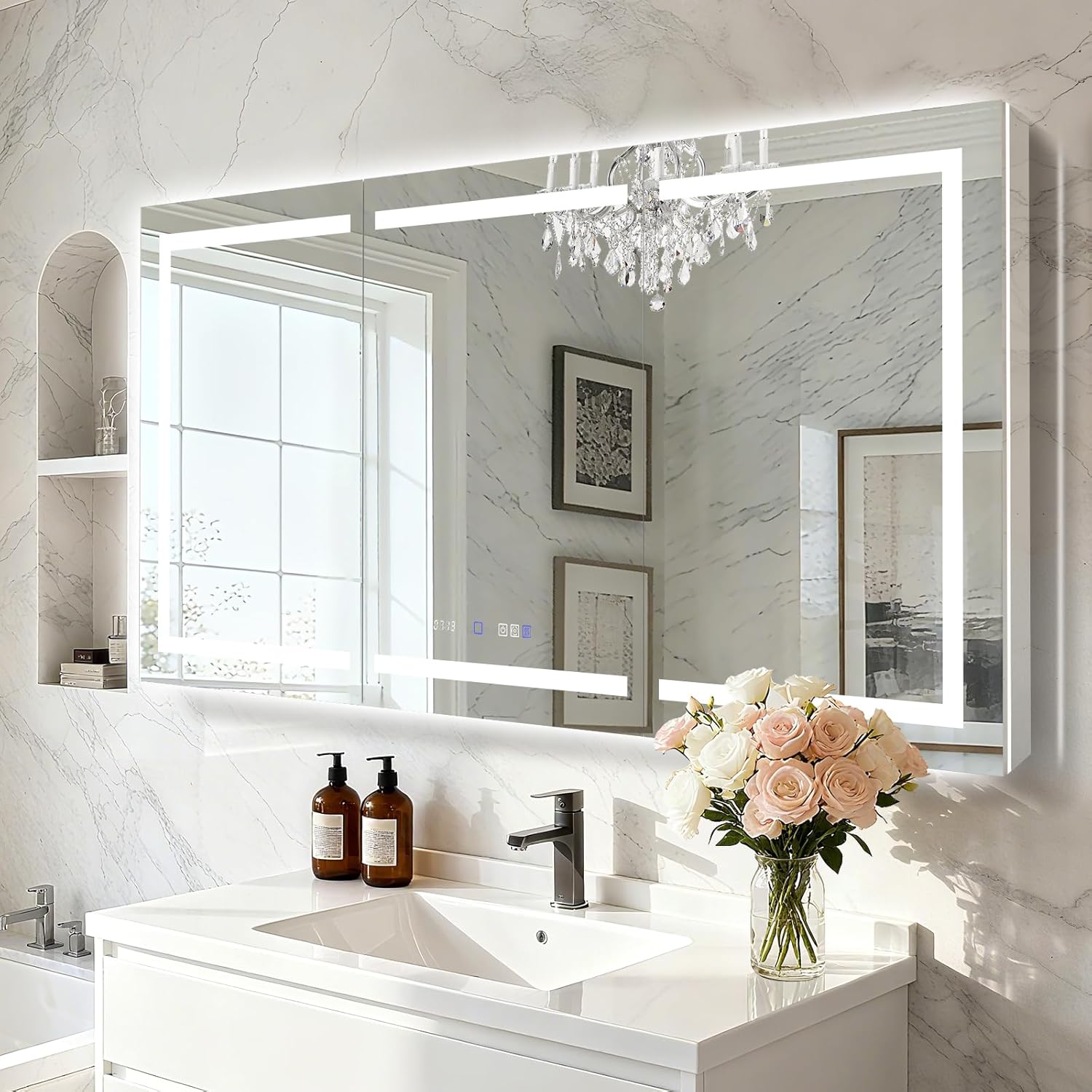 72" W x 36" H Lighted Medicine Cabinet with Mirror, Front & Backlit Led Medicine Cabinet, 5X Magnifier Mirror, Stepless Dimming & Anti-Fog, Surface or Recessed Mount (Three Doors)