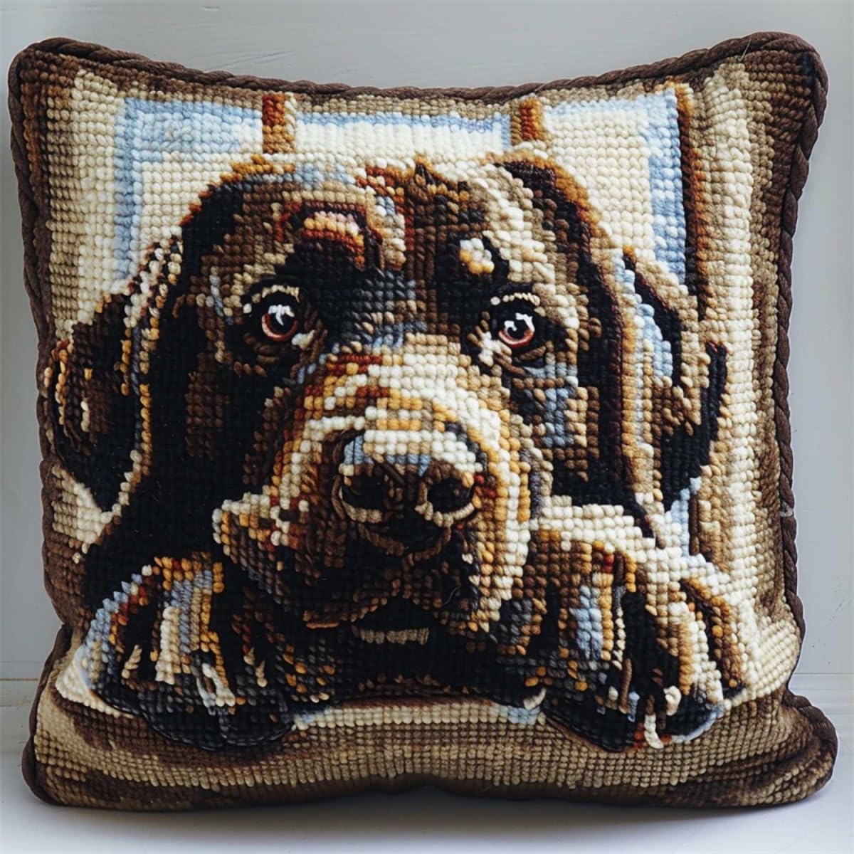 RKFLGEW DIY Latch Hook kit Labrador Retriever Animal Pillow Embroidery kit Cartoon Dog Latch Hook Kits for DIY Throw Pillow Cover,Needlework Cushion Cover Hand Craft Crochet for Family 43x43cm