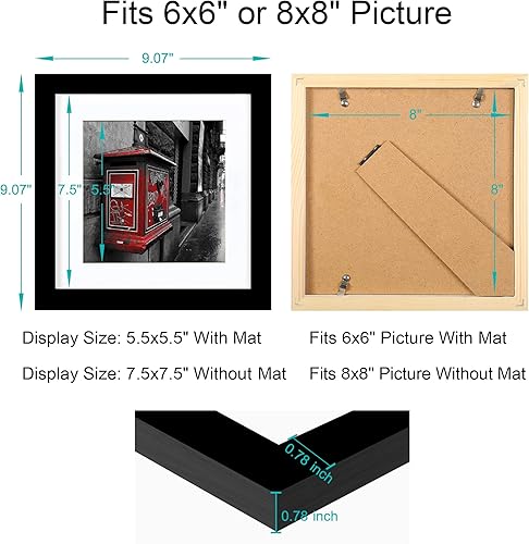 Miniatura 3 de BOJIN marca para foto cuadrado de madera negra 8x8 pulgadas, cuadro para fotos para colgar tabla superior con tapete, Madera, Negro, negro