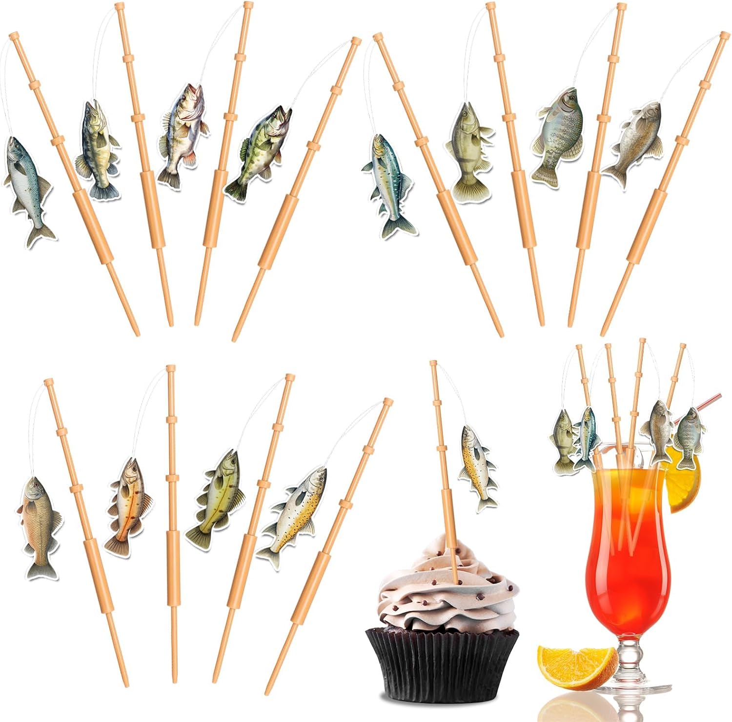CHUNNIN 24Pcs Fishing Pole Cupcake Toppers Decor for Fishing Party