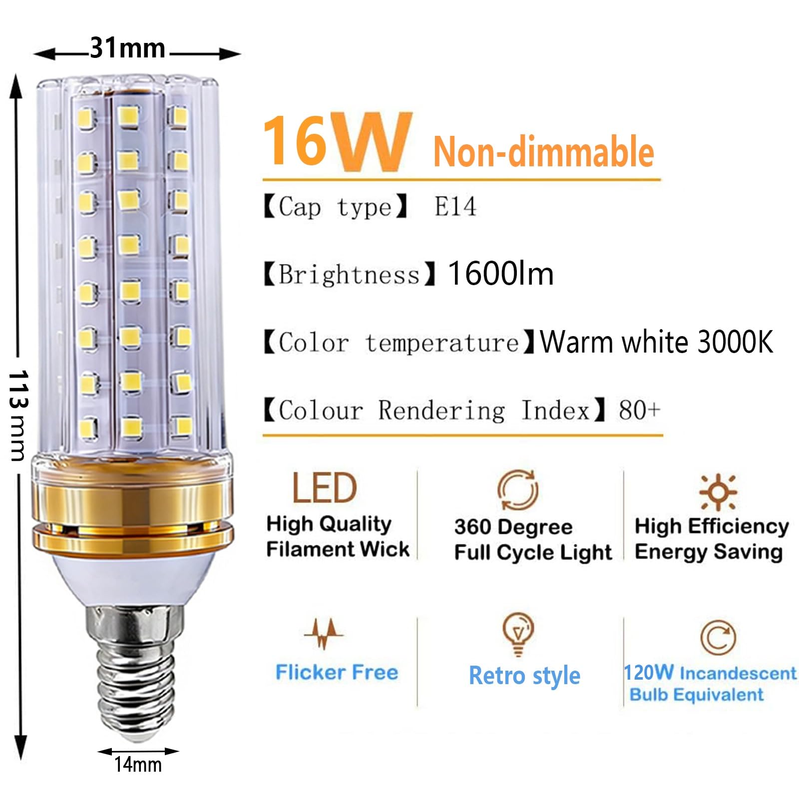 Lampadine LED E14 16W Equivalente A 160W Non Dimmerabile Senza Sfarfallio Basso Consumo Energetico (CRI > 80) 1600LM Per Soggiorno Camera Da Letto Cucina(Warm White 3000K,9 Pack)