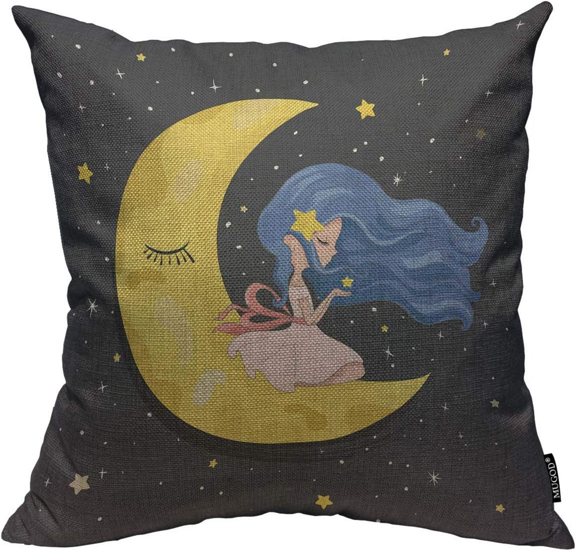 Mugod Fairy Girl Throw Pillow Cover Romantic Cute Cartoon Girl Sitting on The Moon with Stars Decorative Square Pillow Case for Home Bedroom Living Room Cushion Cover 18x18 Inch