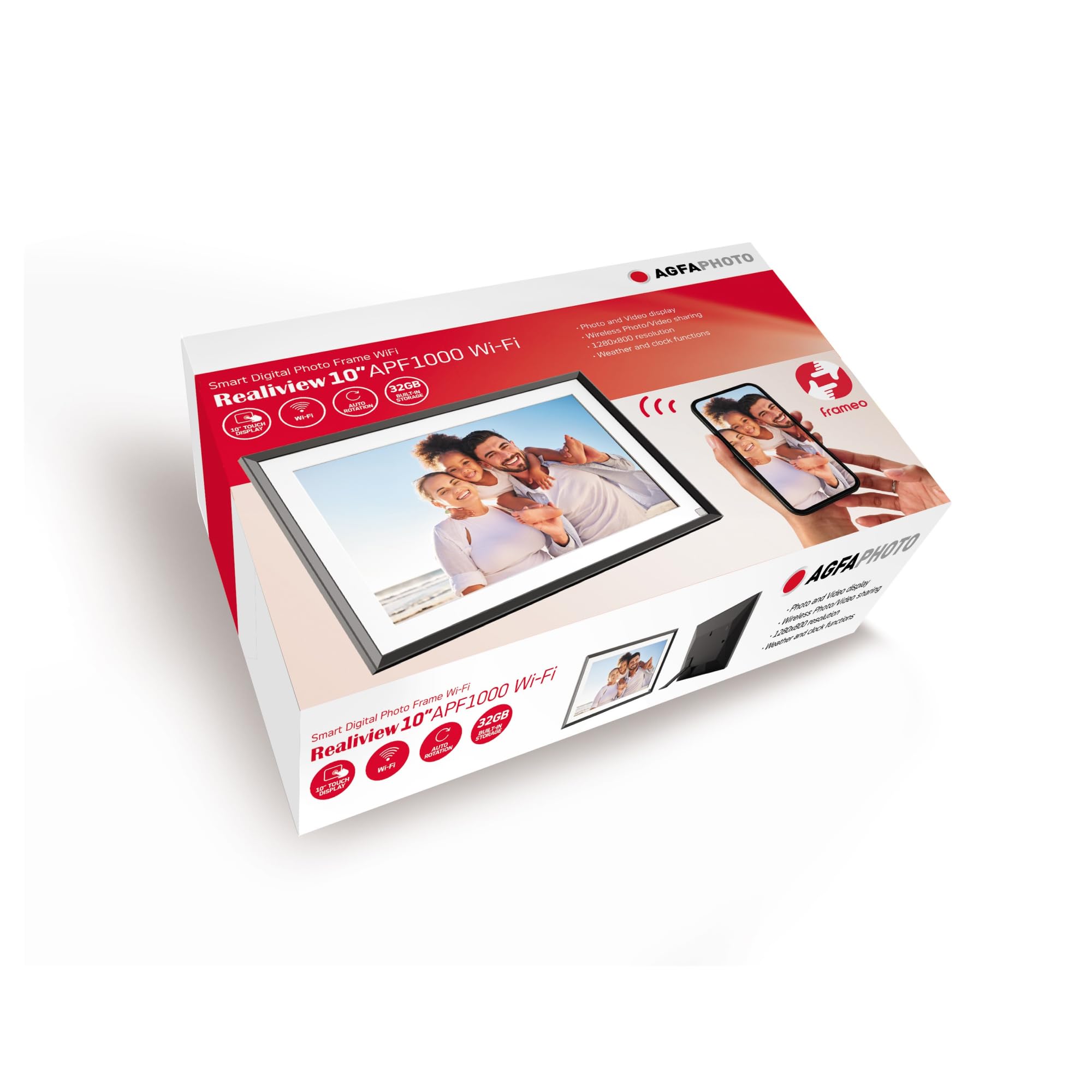 AgfaPhoto Cadre Photo Connecté Realiview APF1000 Wi-FI 10" LCD - Affichage Photos/Vidéos, Horloge, Météo, Rotation Auto, Mémoire 32Go, Appli FRAMEO iOS/Android Incluse - Noir