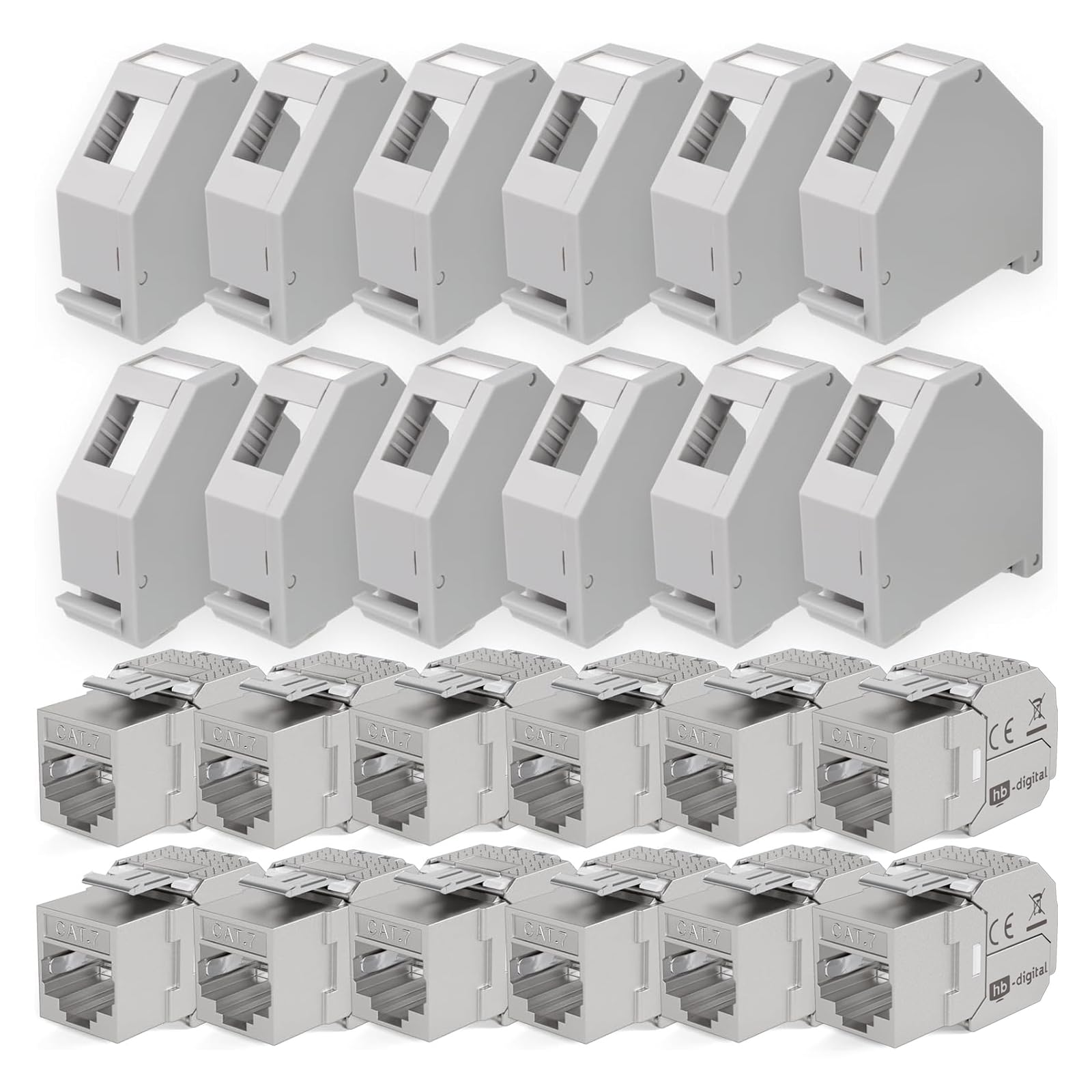 hb-digital Kit : 12 modules Keystone Cat.7 RJ45 + 12 adaptateurs de rail DIN Support Keystone pour rail DIN 35 mm standard | RJ45 blindé sans outil Montage Ethernet LAN Réseau STP LSA