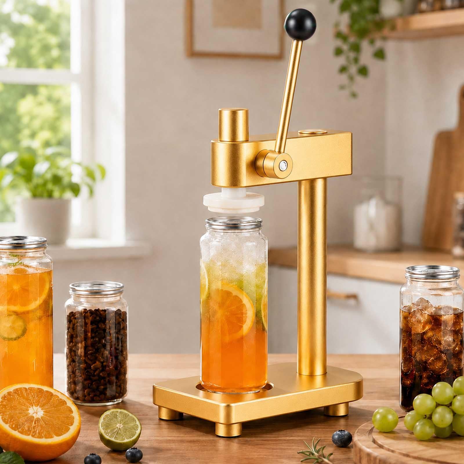 aromaoveite Manual Can Sealer Machine With 100 Pet Bottles, Aluminum Alloy Hand Can Sealing Machine For 2.2" Cans, Adjustable Manual Soda Can Sealer For Beer, Soda, Juice,Coffee Gold