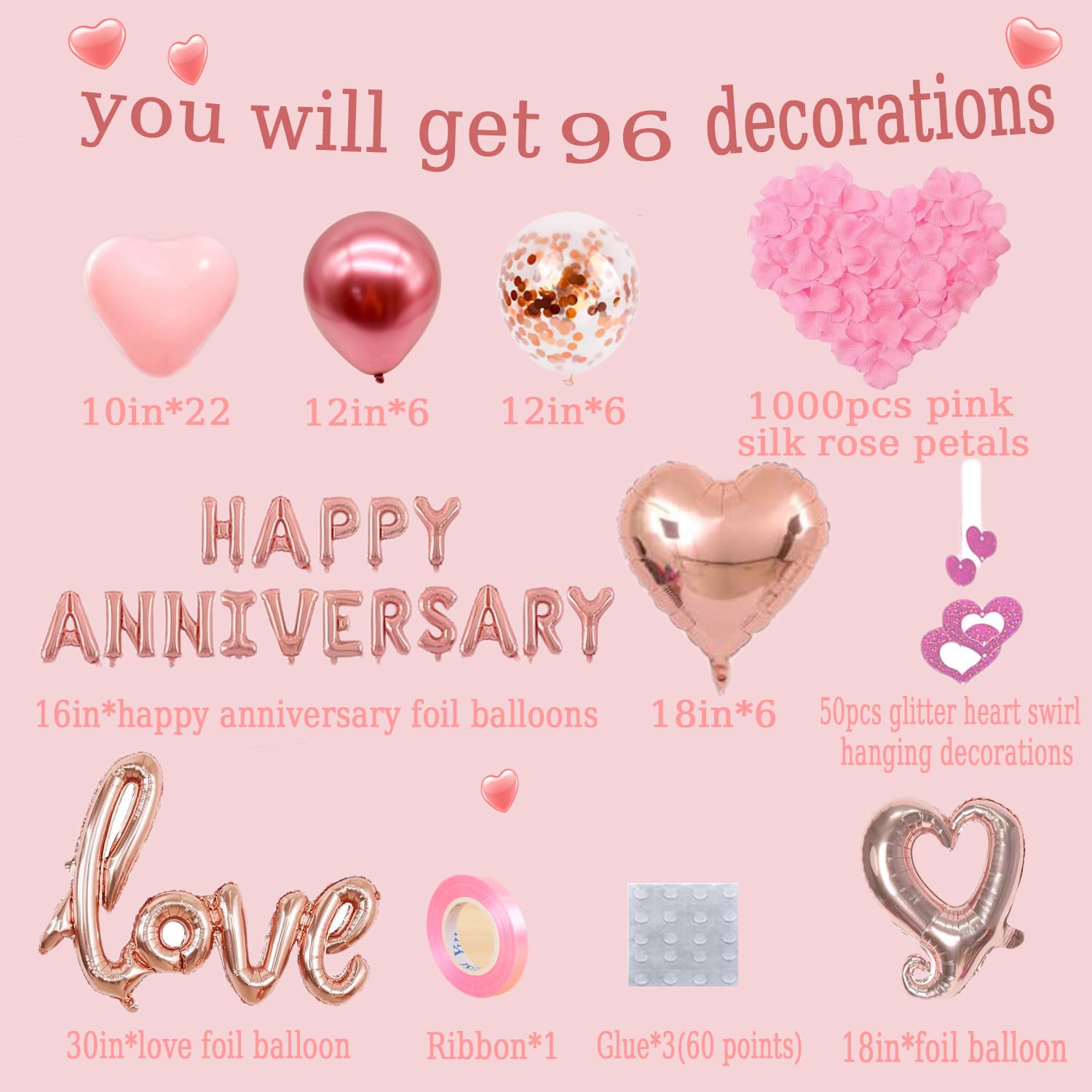 Anniversary Decorations Pink,Valentines Day Decorations,Happy Anniversary Banner Pink Heart Balloons Hanging String Rose Petals - Image 4