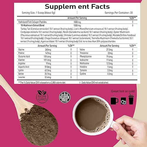 Miniatura 7 de Café de hongos con colágeno, 10 extractos de hongos en polvo, mezcla de melena de león, suplementos cerebrales con café instantáneo para energía,
