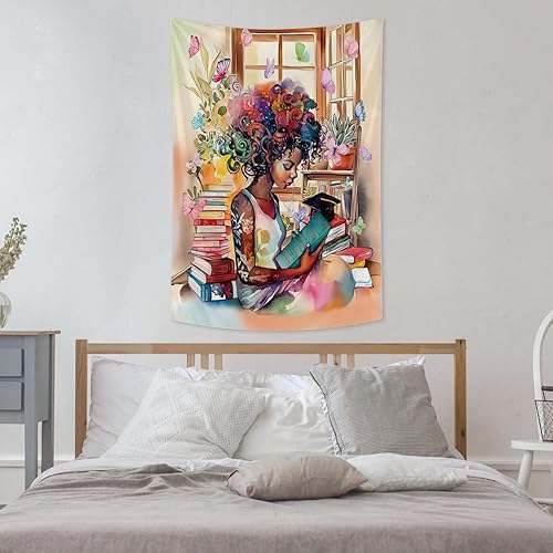 Miniatura 9 de Tapiz de lectura para niñas afroamericanas, lienzo de lectura de libros, decoración estética inspiradora para colgar en la pared para dormitorio,