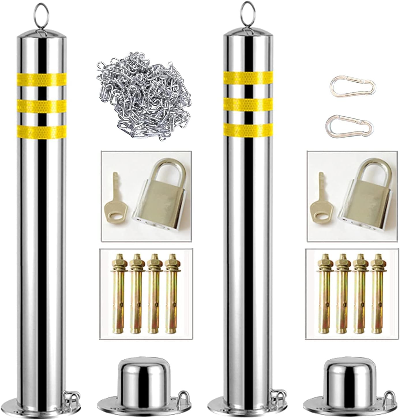 CukUJH Parking Guardrails Parking Barrier Security Bollards for Driveway Steel 2 Parking Cones and 5m Chain Strong Durable Bollard Post