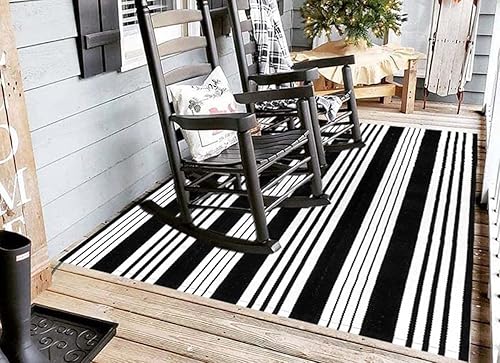 Miniatura 6 de HOXCIK Alfombra de patio al aire libre en blanco y negro de 4 x 6 pies, tejida a mano, reversible, a rayas, lavable, para interiores y exteriores,