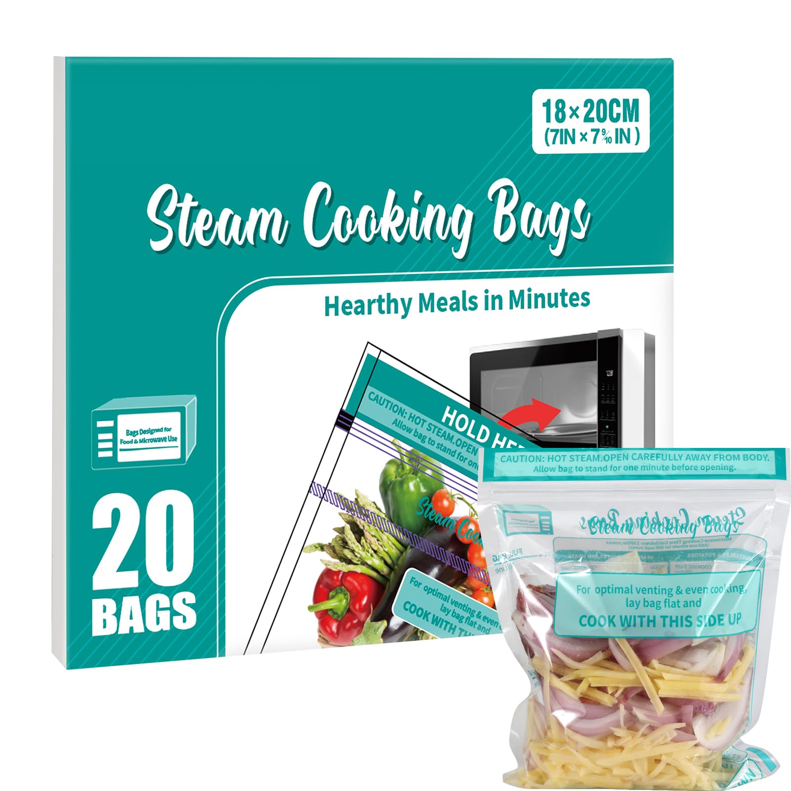 Microwave Steam Bags [20 Pack] – BPA-Free, Food-Grade Plastic | Fast-Steaming Bags for Vegetables, Fish, Chicken, Meal Prep, Batch Cooking (M(18 * 20cm))