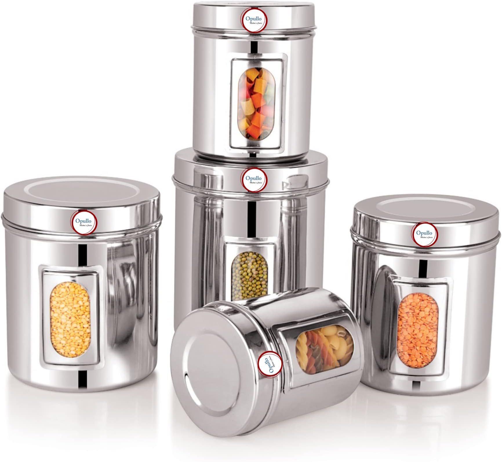 Opullo Mothers Choice Stainless Steel See Through Containers | Stainless Steel Storage Containers for Kitchen | Kitchen Containers Set Steel | Container Steel | 750 Gms to 2 Kgs | Pack of 5