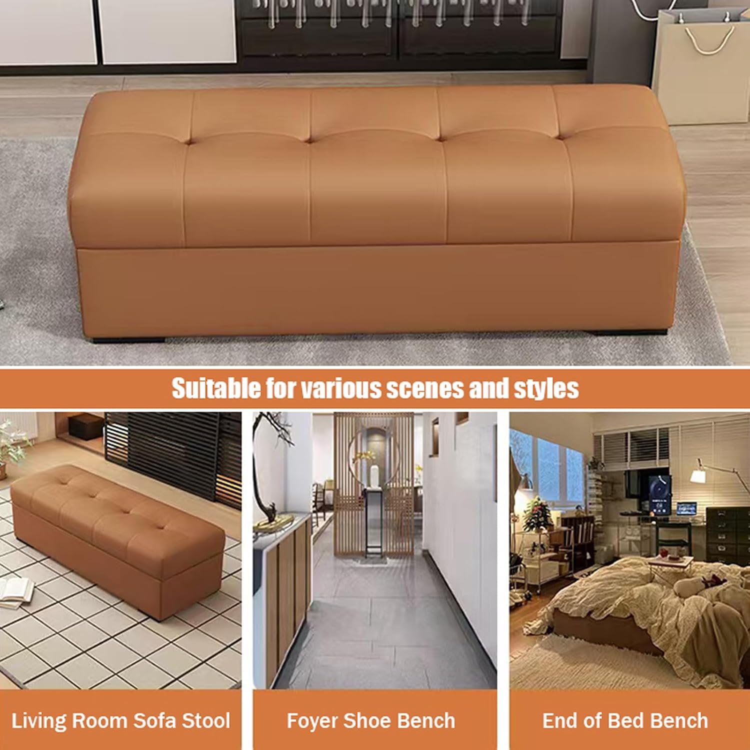 Storage Ottoman Bench with Padded Seat Large End of Bed Bench Ottomans Window & Bedroom Benches Storage Box for Front Door Entrance