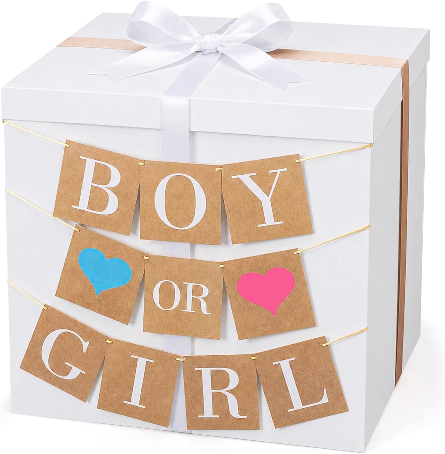 VercanMonth 28 Inches Giant Gender Reveal Gift Box with Lid Kit Extra Large White Gift Box with Boy or Girl Party Banner and White Gold Ribbons for Gender Reveal Birthday Party Baby Shower Decor