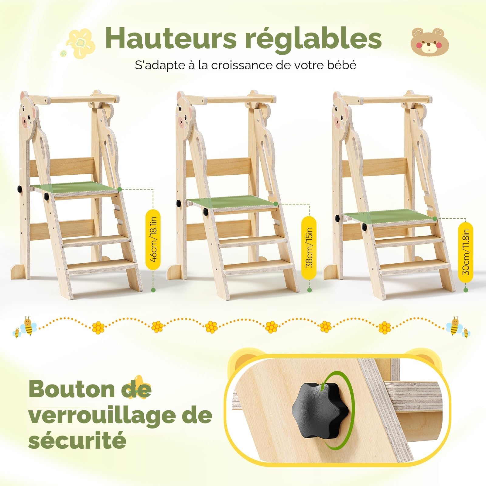 Tour pliable pour tout-petits - Tour d'apprentissage pour enfants - Réglable pour 18 mois à 5 ans - Conçue pour la sécurité