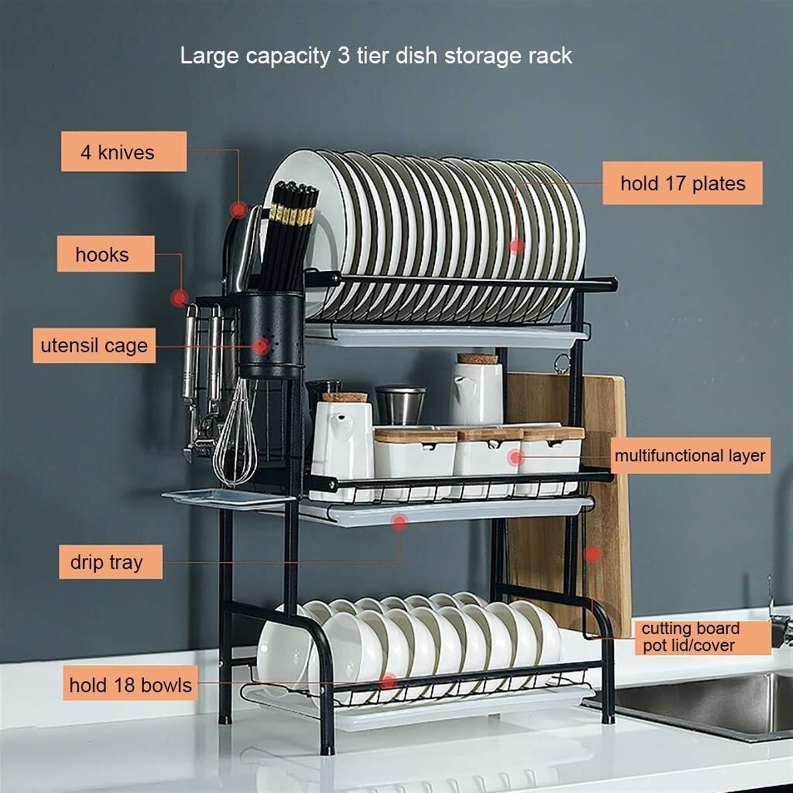 Escurreplatos Rejilla para Secar Platos De 3 Niveles, Acero Inoxidable, con Soportes para Utensilios, Cuchillos Y Tablas Cortar Organizador De Platos(with Side Holders)