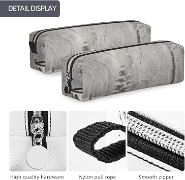 Winter on Snowy Printed Leather Pencil Case with Silver Zipper - Simple and Lightweight Organizer for School, Office, Travel, Makeup