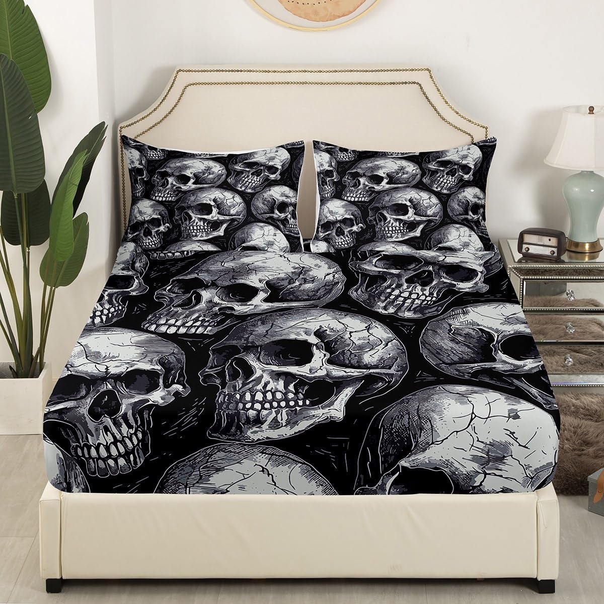 Sugar Skull Bed Sheets Set Kids Gothic Skeleton Sheet Set Halloween Themed Sheets with Deep Pocket Fitted Sheet for Women Men Room Decor Lightweight Bones Black Bedding Set With 2 Pillow Cases