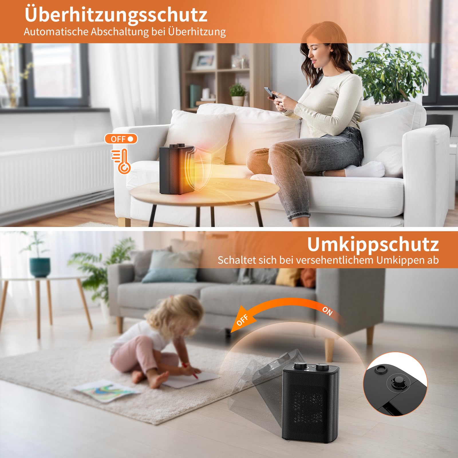 aeco EcoHeat One Heizlüfter klein 2000W energiesparend 3 Heizstufen Elektroheizung PTC Keramik Thermostat Überhitzungs- & Kippschutz Ventilatorfunktion mini camping Heater Kompakter Heim Heizung