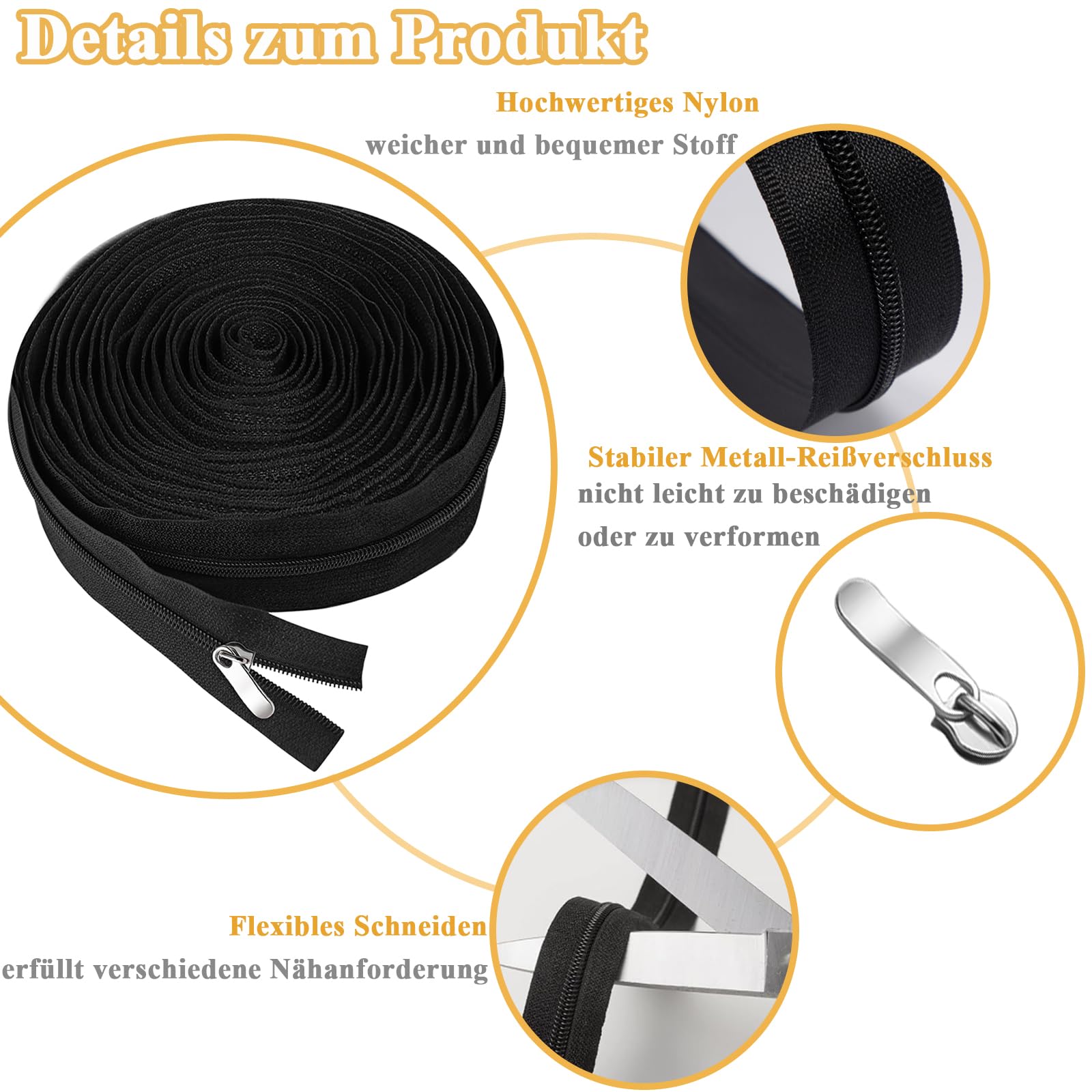 Reißverschluss Meterware – 10 M Endlos, 3 Mm Breit, Nylon, Mit 20 Metall-Schiebern, Ideal Für Bettwäsche, Taschen & DIY