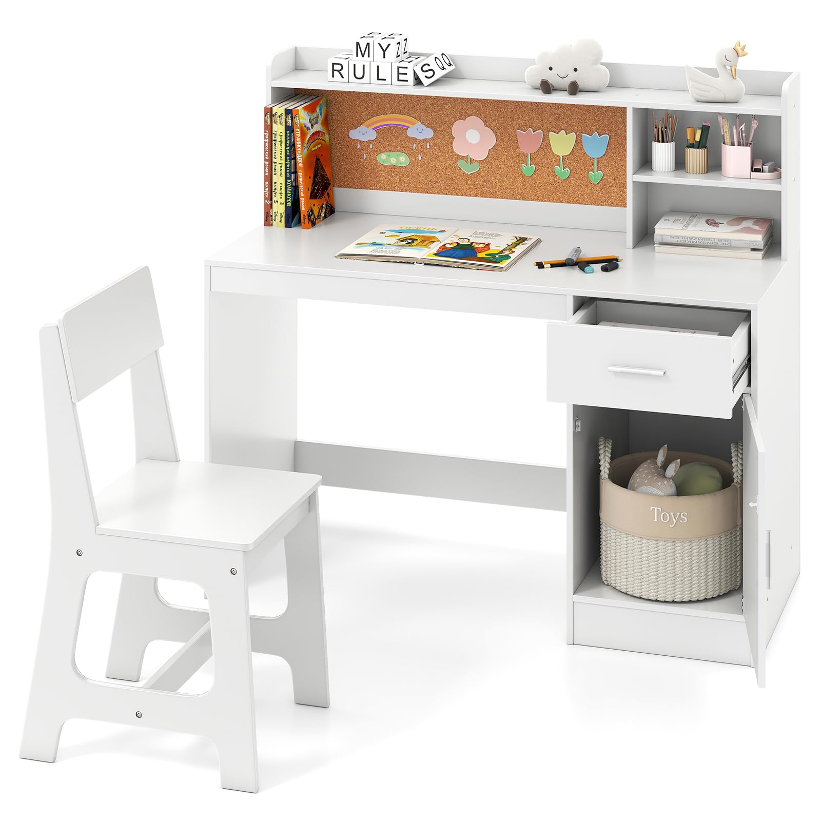 DREAMADE Schreibtisch Kinder mit Stuhl, Schülerschreibtisch aus Holz mit Schublade & offener Ablagefächer & Regal & Pinnwand, Jugendschreibtisch Schreibtischsets für Kinder ab 3 Jahren (Weiß)