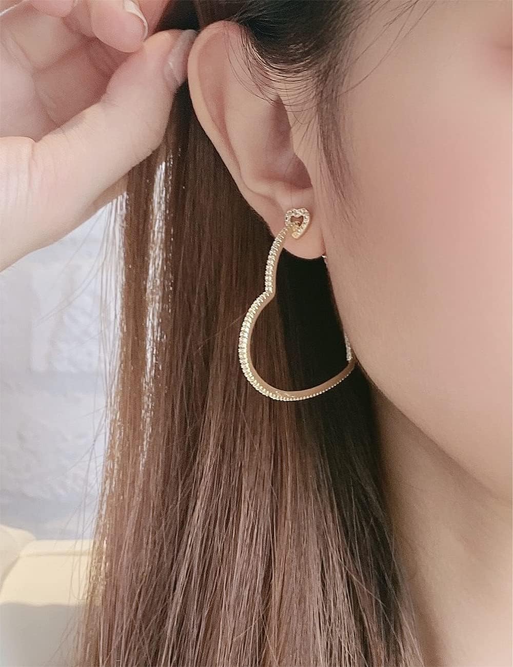 Heart Hoop Earrings - CZ Heart Stud Earrings in Gold WhiteGold - Image 3