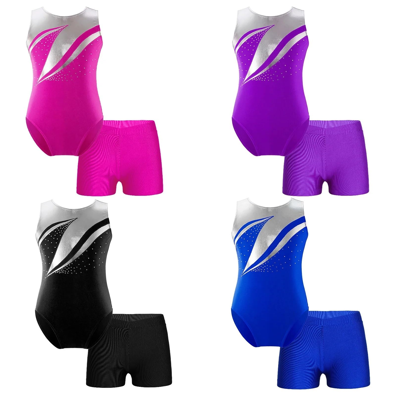 Justaucorps de gymnastique sans manches métallique scintillant for filles avec short pour les danseuses