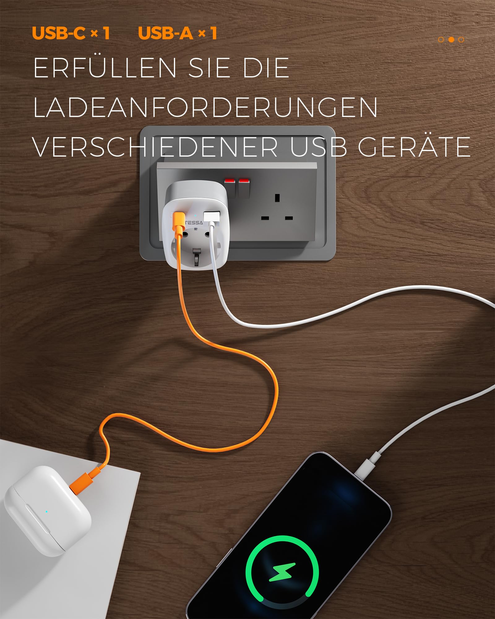 TESSAN 2 pak adapter podróżny UK adapter Anglia Niemcy wtyczka z 2 portami USB, adapter do gniazdka, wtyczka podróżna, adapter prądu do Irlandii Wielkiej Brytanii ładowarka ścienna, adapter gniazda | Adapter gniazda z USB C i USB A, 3250 W UK Adapter do I