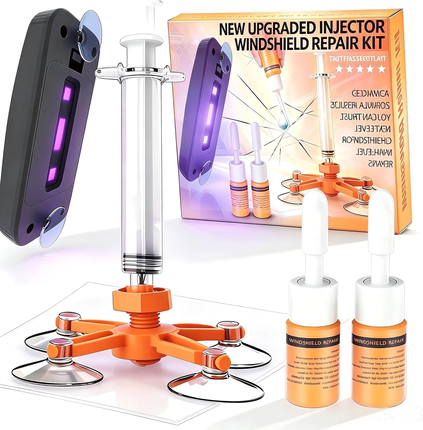 Windshield Repair Kit, Windshield Crack Repair Kit with Suction Cup Curing Light, 2 Pcs Car Glass Repair Kit Quick Fix for Chips &amp; Cracks, Windshield Chip Repair Kit, Automotive Nano Fluid（Orange）