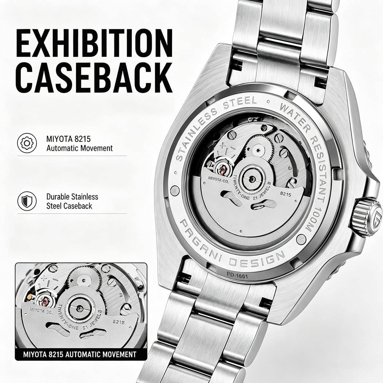 Pagani Design Herrenuhr Automatik Mechanische Uhr, NH35/8215 Uhrwerk, 40mm Saphirglas 316L Edelstahl, 100M Wasserdicht Geschäfts Uhren
