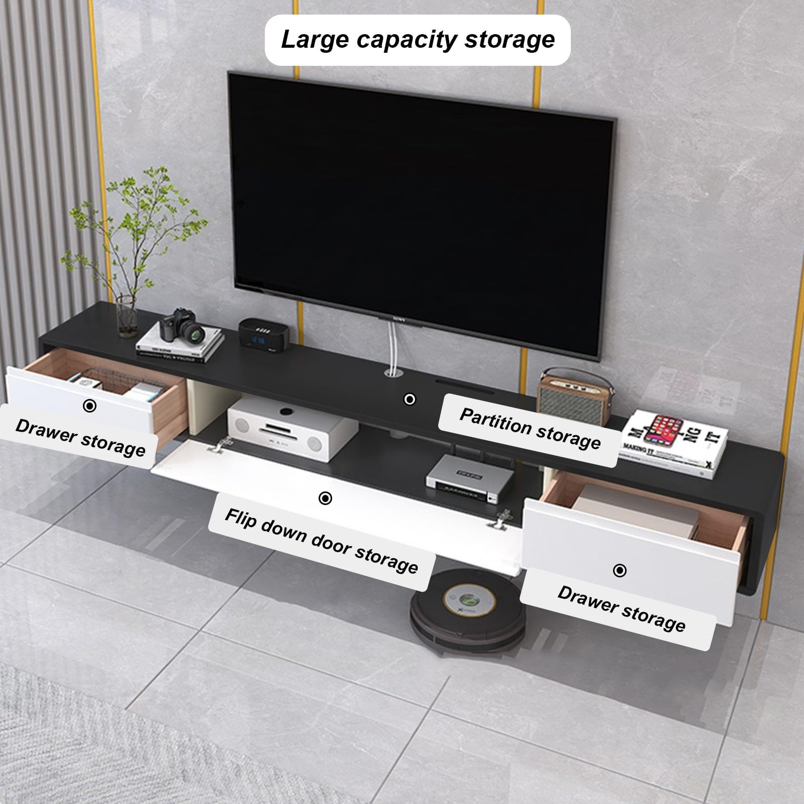 Schwebende TV-Einheit, Wandhalterung, Konsole mit 2 Schubladen, Wandmontage, Media-Entertainment-Center, Multimedia-Aufbewahrungsregale, Schwarz und Weiß, 120 cm