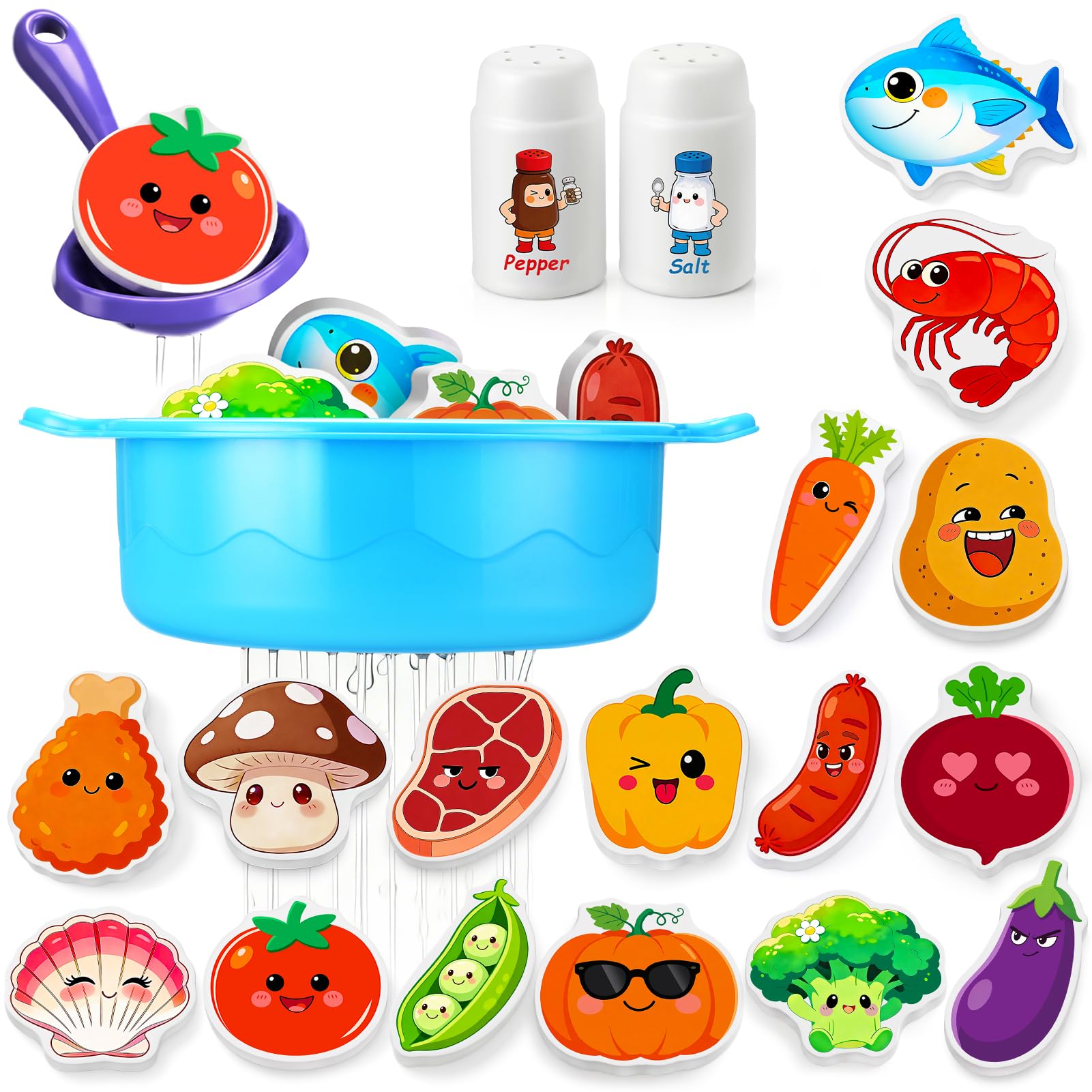 Bath Soup Pot & Float Foam Food,Baby Bath Toys for 1 2 3 4 5 Year Old Toddler Kids,Mould Free Bath Toys Swimming Paddling Pool Toy Water Play Toy for Boy Girl,No Mould Foam Food Stick to Tiles 20PCS