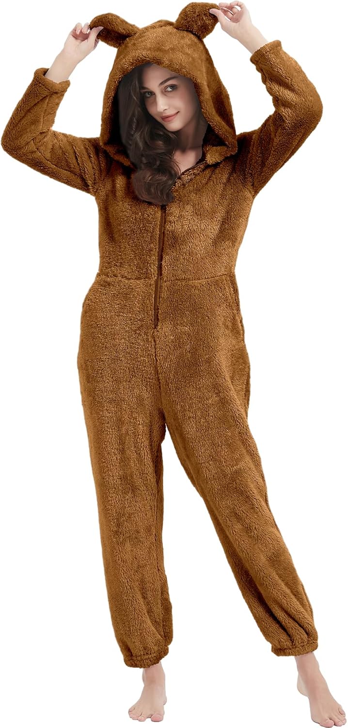Kissonic Women's Onesies Pajamas Sherpa Fleece One Piece Romper Zipper Cute Hooded Jumpsuit Pajama Loungewear - Image 4